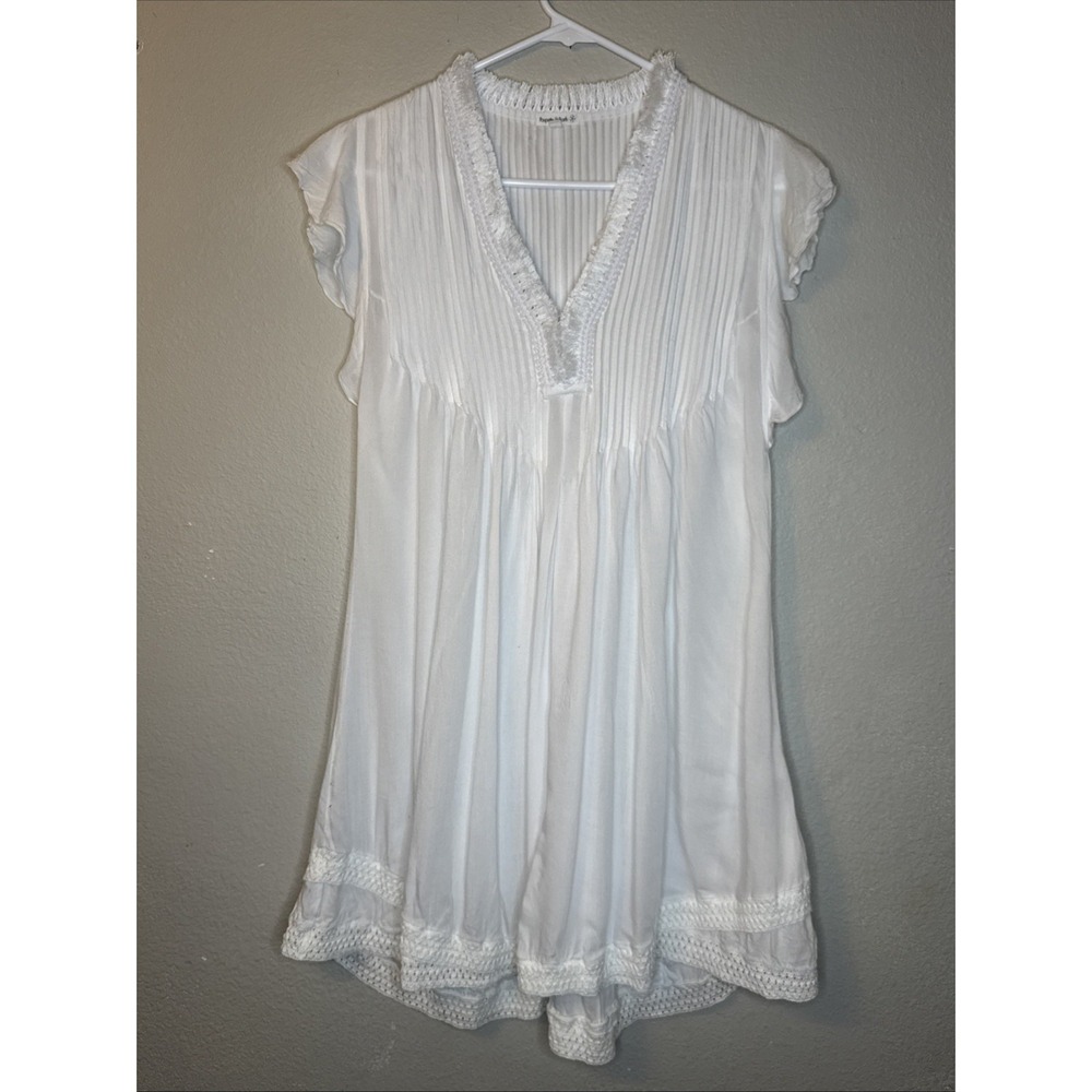 POUPETTE ST BARTH WHITE SASHA CROCHET PLEATED FLUTTER SLEEVE AIRY MINI DRESS XS